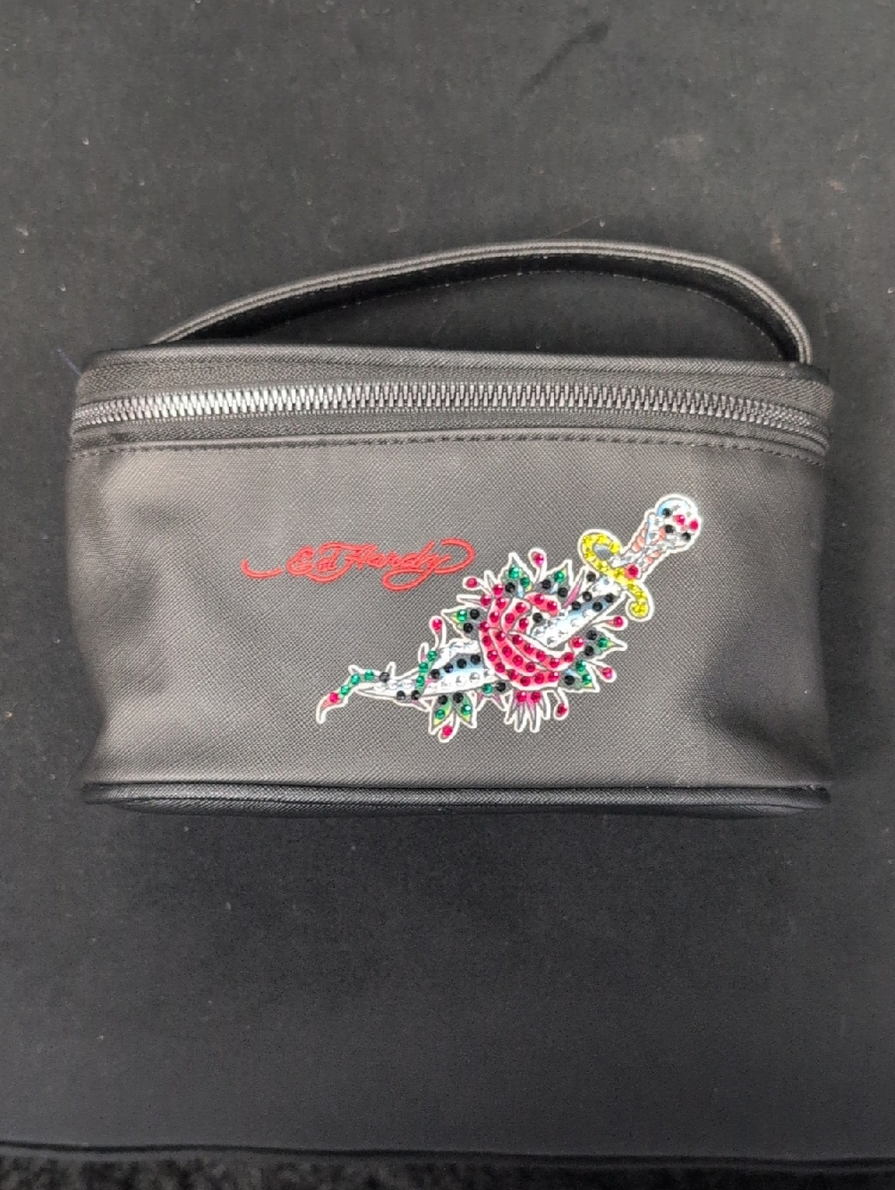 Ed Hardy Black Cosmetic Case with Colorful Dagger Embroidery